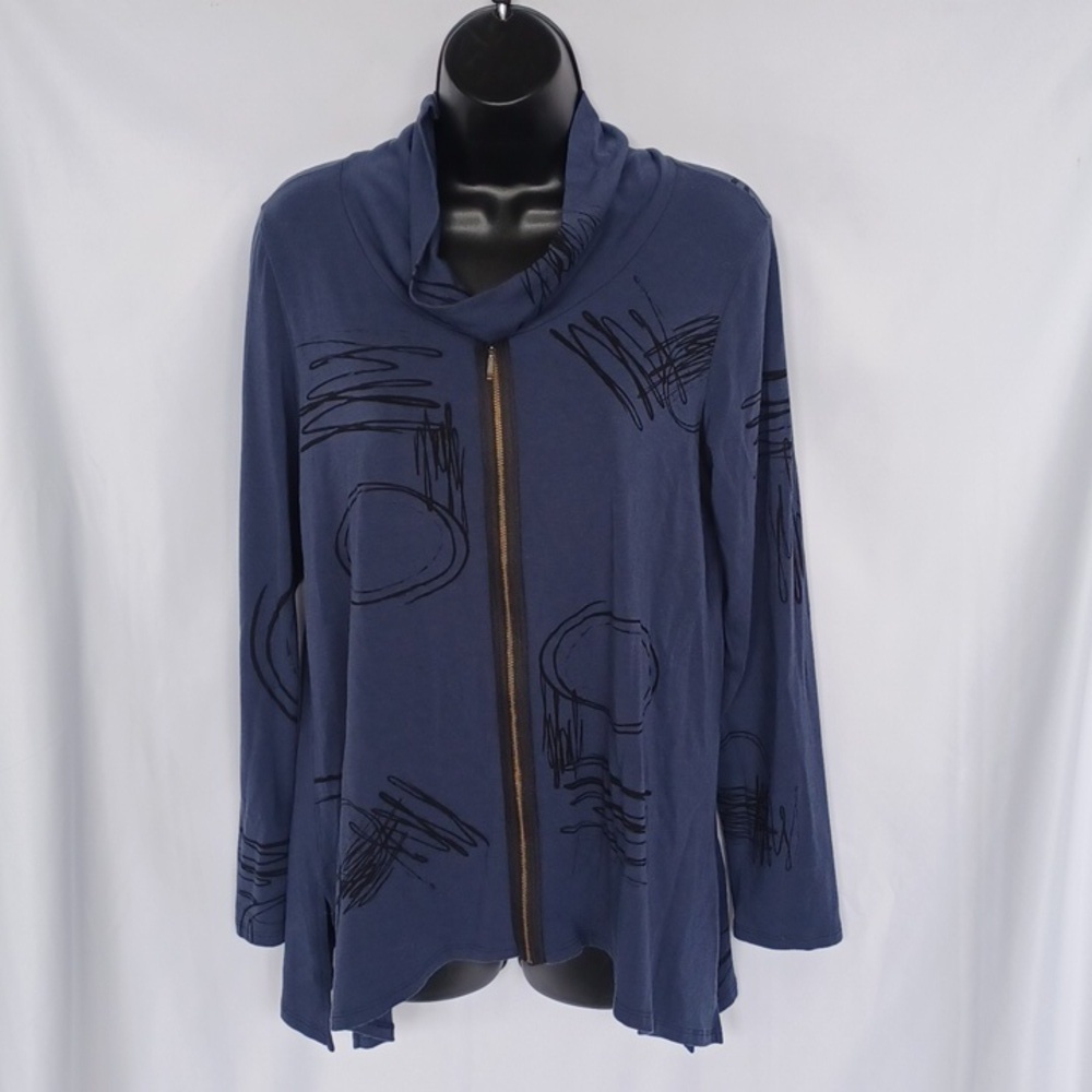 Chalet Tunic Top Cowl Neck Long Sleeve Asymmetric Hem, False Zipper Accent, Y2k